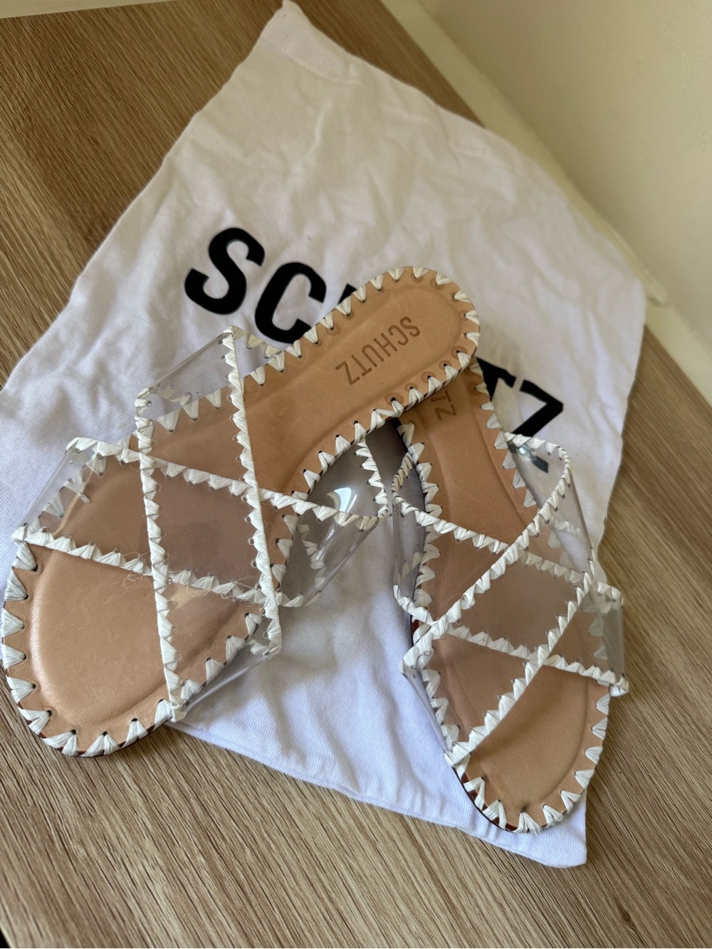 SCHUTZ Clear Crisscross Slide Sandal with Nude Footbed and White Trim